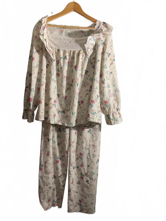 Other - Boutique Lightweight Floral and Bunny Print Pajama Set with Ruffle Trim L